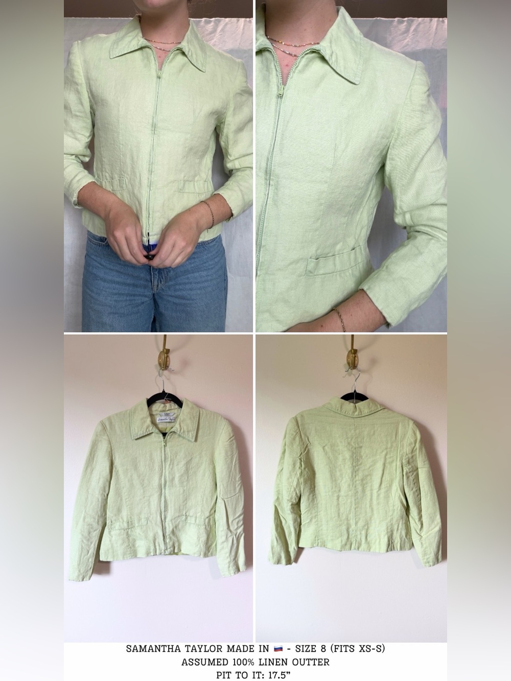 100% linen light pastel green zip up 80/90s jacket size XS-Small made in russia - Picture 5 of 5